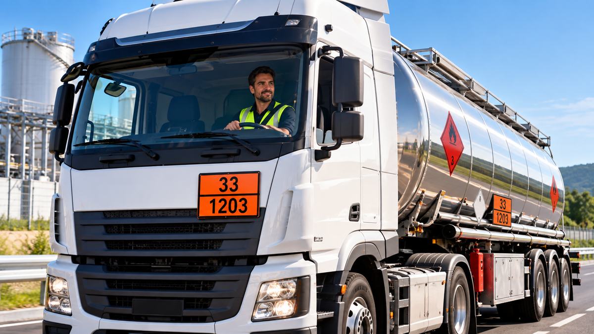 Dangerous goods tanker with orange plates and hazard labels, with the driver in a hi-vis vest at the wheel