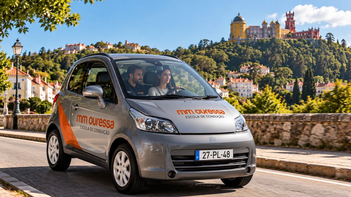 Student driving the MM Ouressa school quadricycle in Sintra, with the instructor beside her