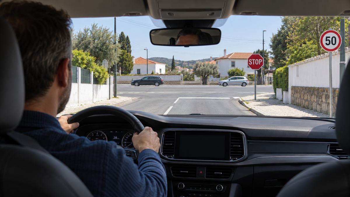 Driver approaching a junction with a STOP sign and a 50 km/h speed limit