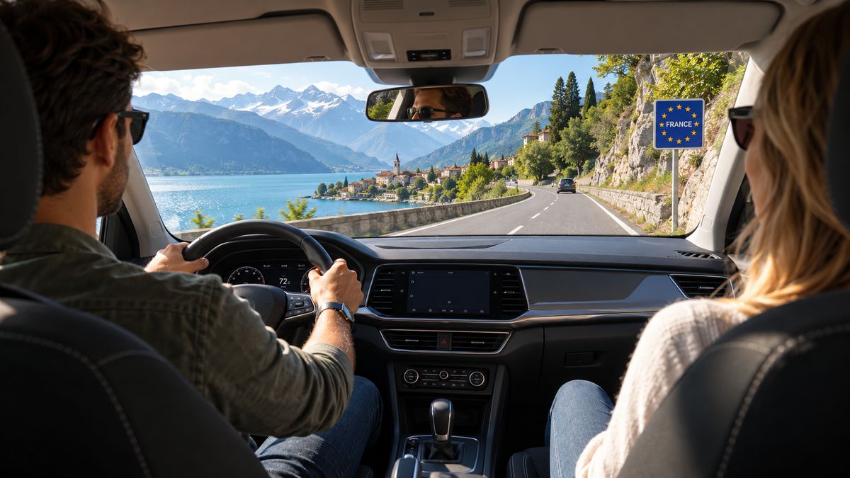 Couple driving on a mountain road by a lake, on a trip around Europe