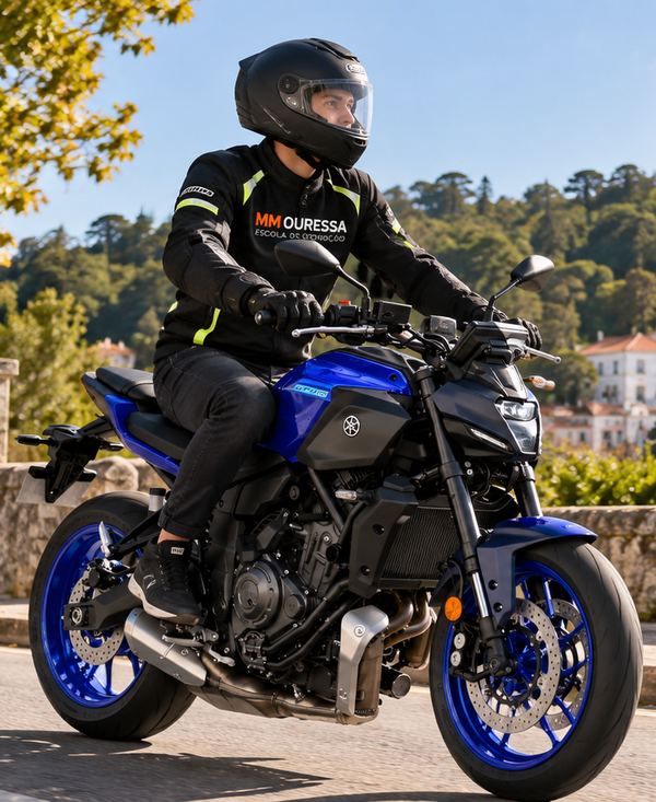 Motorcycle student on a blue Yamaha MT-07 in Sintra
